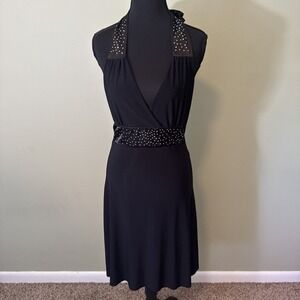 Y2K Black Halter Dress Star Vixen Studded V Neck Empire Waist A-Line Size Small